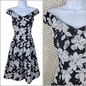 Calvin Klein Fit Flare Party Dress Off The Shoulder Size 8 Brocade Floral Pinup